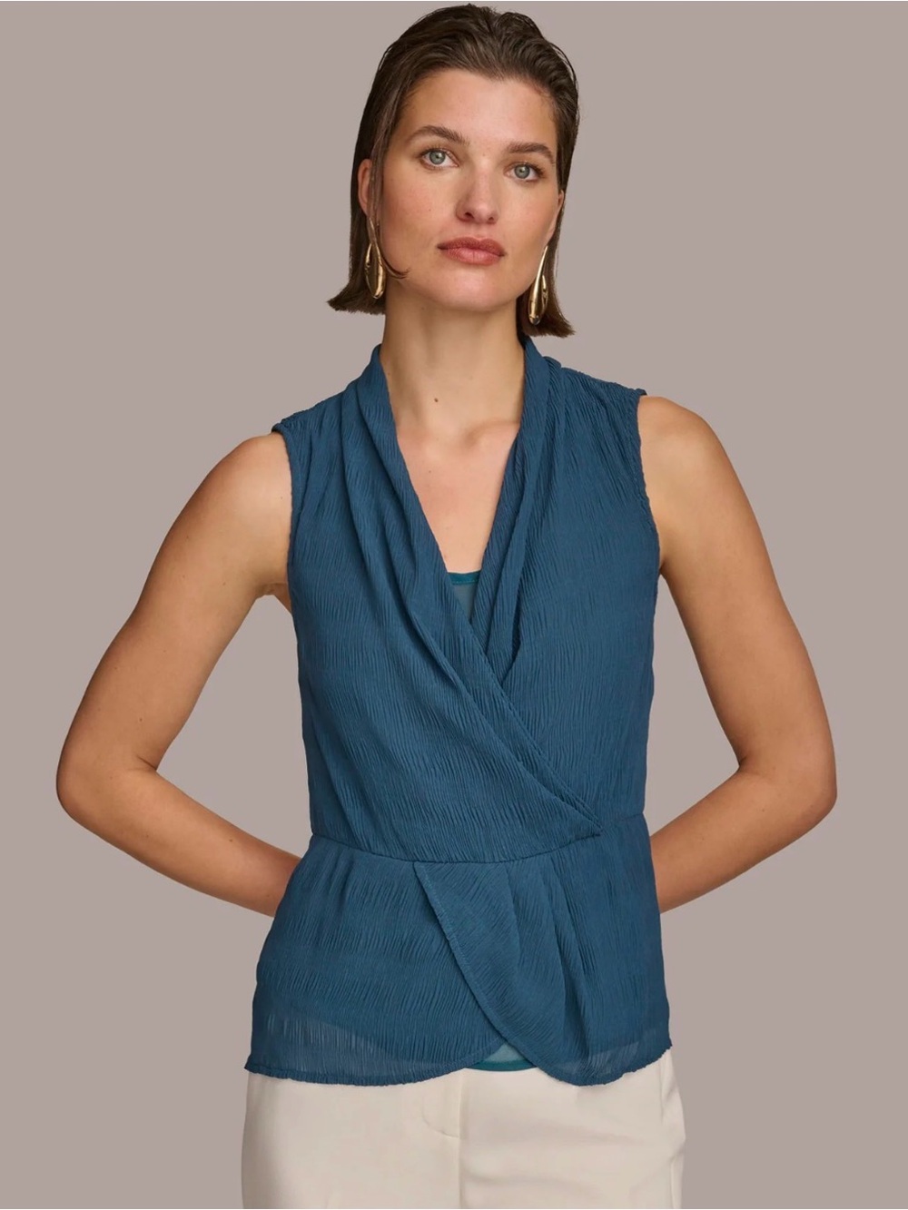 Donna Karan Sleeveless Teal Wrap-Front Top short size M